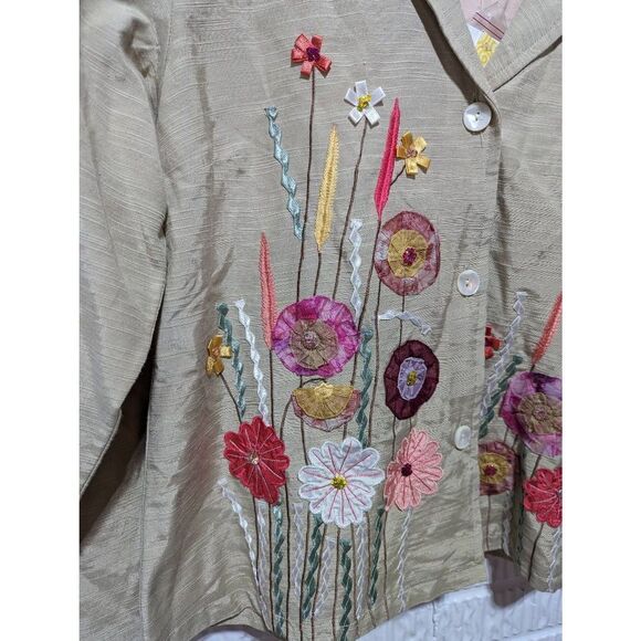 Indigo Moon Women's Tan Button Front Artsy Floral Applique Jacket Large NWT - Picture 3 of 7